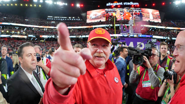 Feb 11, 2024; Paradise, Nevada, USA; Kansas City Chiefs head coach Andy Reid celebrates after winning Super Bowl LVIII against the San Francisco 49ers at Allegiant Stadium. Mandatory Credit: Kirby Lee-USA TODAY Sports  